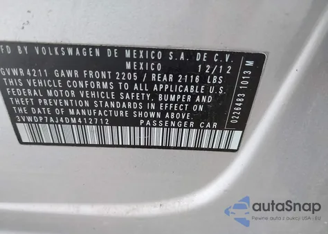 2013 Volkswagen Jetta 2.5L Se из США, поврежденный, VIN 3VWDP7AJ4DM412712